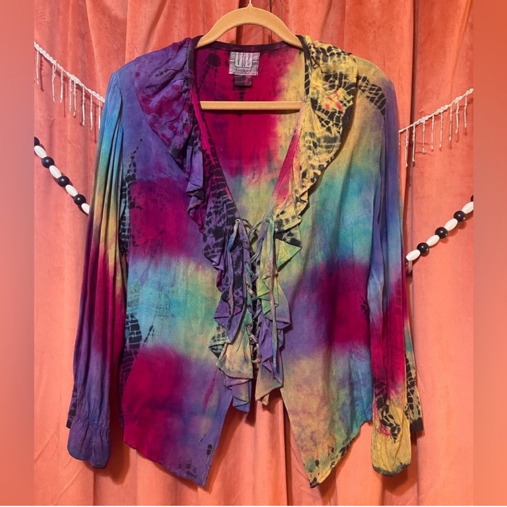 Colorful Tie-Dye Lace-Up Ruffled DD Designs 80’s 90's Soft Blouse ☮️